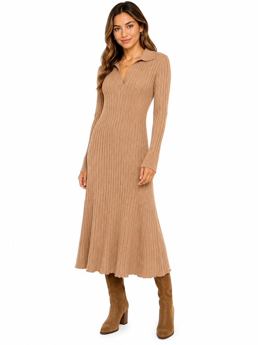 NWT Lucky Brand Beige Ribbed Knit Collared Midi Dress Size L